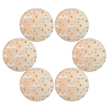 Imagem de Wassud Jogo americano conjunto de 6 cisnes tapetes de mesa redondos com corações dourados para cozinha e jantar, tapetes laváveis e resistentes ao calor, decoração de mesa 39 cm