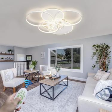 Imagem de Luminária de teto moderna em LED, criativa, em formato de anel, para sala de estar. Lustre dourado com intensidade regulável e controle remoto, função de luz noturna. Ideal para quartos de h