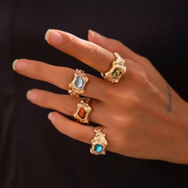 Imagem de Anéis de ouro volumosos empilháveis para mulheres, joias de pedra acessórios ousados para uso casual e festa presentes de natal presentes de amizade para mulheres dia dos namorados, Medium, Latão, Sem
