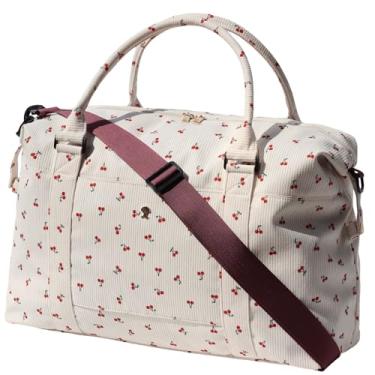 Imagem de ESVAN Bolsa de viagem para academia, bolsa de mão para o fim de semana, bolsa tiracolo com bolso molhado e manga de carrinho atualizada, Cereja de veludo cotelê, Tendência