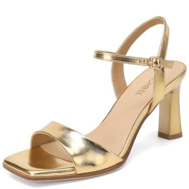 Imagem de SLXCHBSL Sandálias femininas de salto com tiras, salto bloco, bico aberto, tira no tornozelo, salto social, para festas de casamento casuais, Dourado, 38
