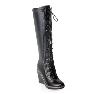 Imagem de ANN CREEK Botas de cano alto para mulheres, botas de salto plataforma para mulheres, botas longas e altas de bico redondo, Preto, 36