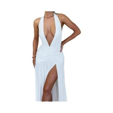 Imagem de Vestido Elegante Feminino Longo Com Decote Halter Em V, Costas Descobe