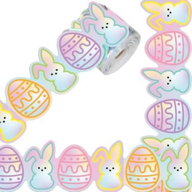 Imagem de Tinlade Bordas de quadro de avisos de Páscoa de 20 m, ovo de coelhinho da Páscoa, acabamento de borda holográfica, acabamento de borda de coelho cortado para escola, sala de aula, quadro-negro