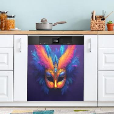 Imagem de ATTX Máscara colorida Mardi Gras capa magnética para lava-louças | Adesivo decorativo de eletrodomésticos de 58 x 66 cm para armários domésticos e eletrodomésticos (139)