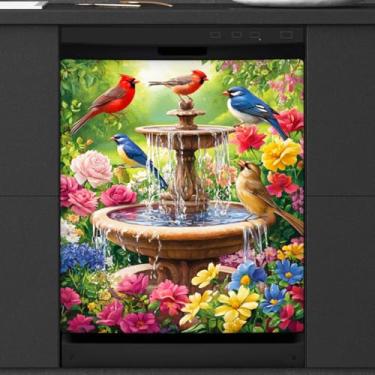 Imagem de Capa magnética para lava-louças, flor de primavera, pássaro, painel de geladeira, decalque, reutilizável, decorativo, máquina de lavar, geladeira, adesivo magnético, aparável, decoração de cozinha