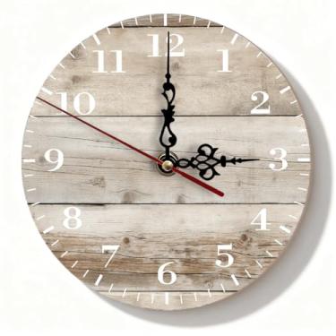 Imagem de Relógio de parede de madeira leve rústico, silencioso, sem tique-taque, operado por bateria para sala de estar, cozinha, quarto - design vintage, 19 cm