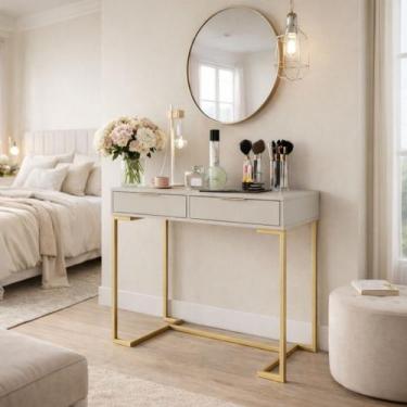Imagem de Penteadeira Branca Com Gavetas E Base Dourada Lacasamia