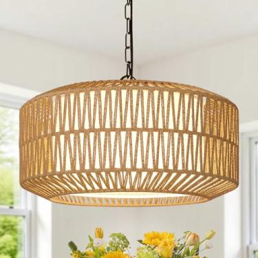 Imagem de Lynnoland Lustre De Fazenda, Lustre Boho De Vime Com 5 Lâmpadas Para Sala De Jantar, Luminária Pendente Feita À Mão Com Cúpula De Linho, Iluminação Rústica Suspensa Para Ilha De Cozinha, Quarto (Lâm