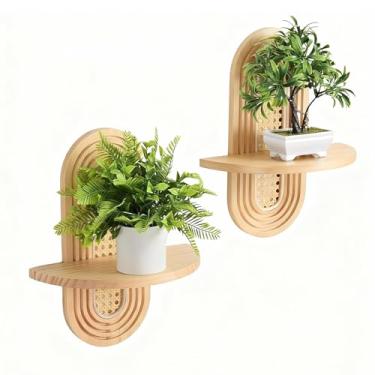 Imagem de SHEKAKO Prateleiras flutuantes para parede, prateleira decorativa de vime boêmio, prateleiras de exibição de madeira rústica para decoração de casa, banheiro, cozinha, quarto, sala de estar