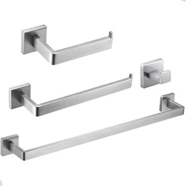 Imagem de Kit Acessórios Banheiro 4 Aço Inox Escovado Quadrado Luxo Toalheiro Papeleira Gancho Premium Moderno(Kit 1)