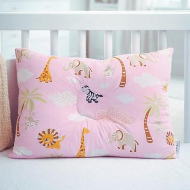 Imagem de Travesseiro Anatômico para Bebê, Fibra Siliconada Hipoalergênica, 27x37cm, Estampa Safari 100% Algodão, Macio e Confortável para Berço e Carrinho (ROSA)