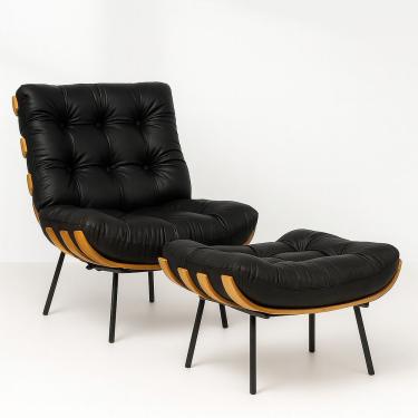 Imagem de Poltrona Courino + Puff Fixa Base Reforçada De Metal Courino Preto