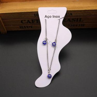 Imagem de tornozeleira de aço inox feminino Olho Grego azul Semijoia Banhado pra