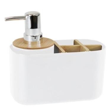 Imagem de Organizador de Banheiro com Dispenser Pump 280ml em Bambu e Branco - G
