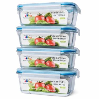 Imagem de House Organizer KIT 4 Potes de Vidro Retangular com Tampa Hermética 1040ml Cor:Azul