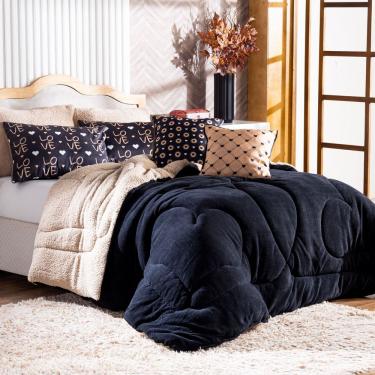 Imagem de Kit Coberdrom Golden Love Preto King C/ Almofadas 05 Peças - Dupla Face Manta E Sherpa Colorida