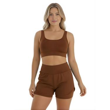 Imagem de Conjunto de Short Duplo Fitness Academia Treino Feminino Cor:MarromTam