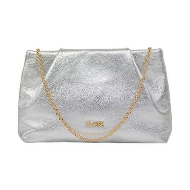Imagem de Bolsa Feminina Festa Classe Couro Alça Corrente Crossbody, Prata