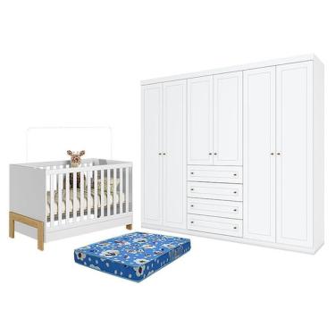 Imagem de Kit Berço Mini Cama Fantasia com Guarda Roupa 6 Portas 4 Gavetas MDP-MDF Branco Acetinado Qmovi