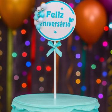 Imagem de Topo de Bolo Feliz Aniversário Redondo com Laço Papel Cartão 18CM 1 Unidade Azul Extra Festas