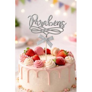 Imagem de Topo De Bolo Parabéns Decorativo Festa Aniversário Metalizad Prata Par