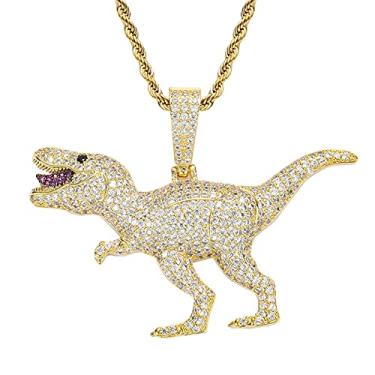 Imagem de Fantex Pingente de dinossauro com diamante brilhante Iced Out com corrente de corda, joia hip hop folheada a ouro 14K para homens e mulheres, Latão, Zircônia cúbica