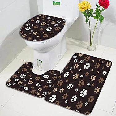 Imagem de Conjunto de tapetes de banho com pegadas de gato e cachorro tapete de porta de impressão animal decoração de banheiro infantil tapete de tampa de vaso sanitário antiderrapante 3 peças, 61368J, conjunto de 3 peças, 75x45 cm, conjunto de 3 peças
