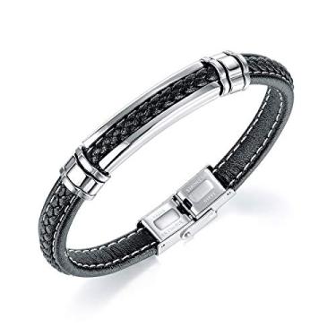 Imagem de FILOBOKO Pulseira masculina de couro preto prata aço inoxidável fivela ajustável pulseiras Pulseras para Hombre, 8.46 inches, Metal Couro, Sem Pedra Preciosa