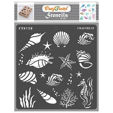 Imagem de CrafTreat Estêncil de concha do mar para pintura em madeira reutilizável - estêncil sob o mar - Tamanho: 15 x 15 cm - estêncil coral para pintura em tecido - estêncil de praia para pintar em tela