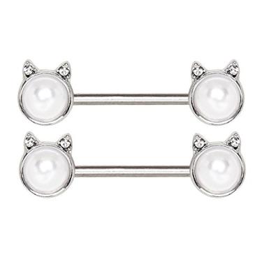 Imagem de Pierced Coruja Faux Pearl Cats com orelhas de cristal CZ Barras de mamilo em aço inoxidável 316L