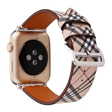 Imagem de Pulseira Couro Listrada compatível com Apple Watch 45mm 44mm 42mm Series - Marca LTIMPORTS (Bege/Metal Prata)