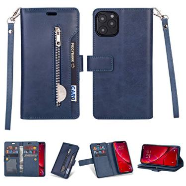 Imagem de Capa para iPhone 11, carteira de couro PU Folio Flip Case com zíper bolso slots para cartão fecho magnético capa protetora à prova de choque com alça de pulso para iPhone 11 (azul)