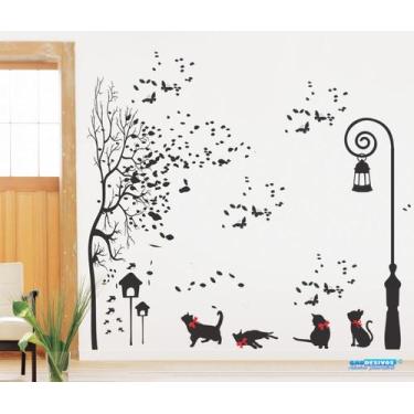 Imagem de Adesivo Decorativo De Sala Árvore E Poste Com Gatos Grande - Gaudesivo