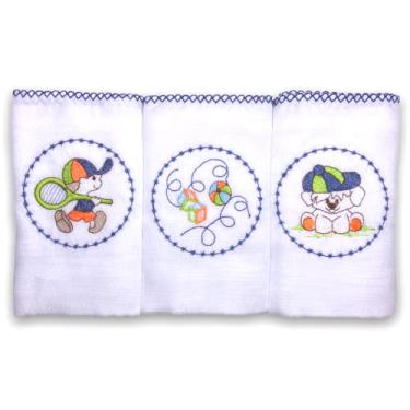 Imagem de Kit 3 Fraldas De Pano para Bebê Bordada Diversão Marinho (Cachorro, Brinquedo e Menino)