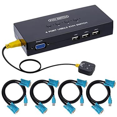 Imagem de Comutador VGA KVM de 4 portas, comutador USB VGA KVM para 4 computadores, compartilhe 1 monitor, 3 dispositivos USB, teclado, mouse, scanner, impressora, incluindo 4 cabos KVM e controle de mesa