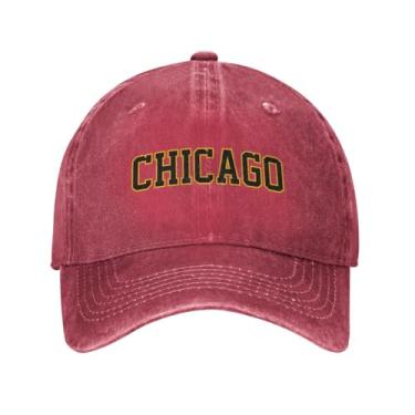 Imagem de Boné clássico original Chicago algodão vintage boné de beisebol estruturado lavado para mulheres boné de caminhoneiro ajustável, Vermelho, G