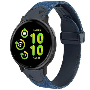 Imagem de GARTOO Pulseira para relógio Garmin Vivoactive 5, pulseira de música Garmin Venu/Sq/Sq 2/Forerunner 245/645, tela jeans macia com pulseira de couro genuíno à prova de suor para Garmin Vivoactive 3