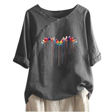 Imagem de Camiseta feminina de verão, meia manga, gola V, botão lateral, ajuste floral, estampada, casual, camiseta feminina média, Cinza, M