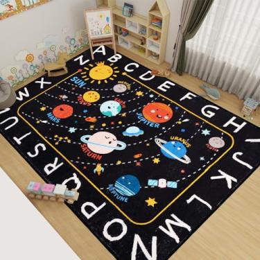Imagem de Tapete infantil com espaço sideral, 140 x 100 cm, alfabeto ABC, para sala de jogos, antiderrapante, sistema solar, galáxia, planetas, sala de jogos, tapete lavável para sala de aula, quarto, decoração
