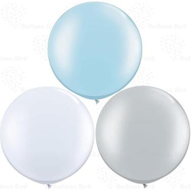 Imagem de AFTERLOON® Balões biodegradáveis, 6 peças, orbe de 91 cm, redondo, gigante, extragrande, bebê, azul/branco/prata, látex natural forte engrossado, jumbo GG, grande, boia de hélio, festa de aniversário