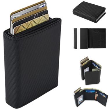 Imagem de Carteira masculina para cartões de visita, com clipe para dinheiro, compartimentos de fibra de carbono, porta-cartões de crédito, bloqueio RFID, carteira fina com três dobras com janela para