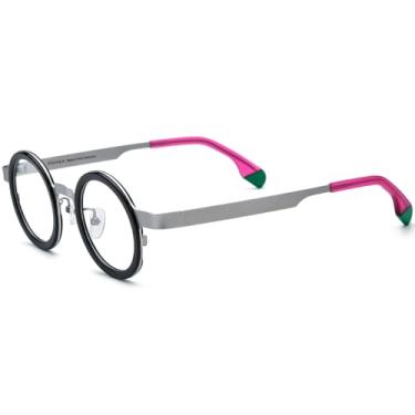 Imagem de FONEX Armação de óculos de titânio acetato feminino redondo óculos vintage F85816, F85816 Prata, 39-24-145