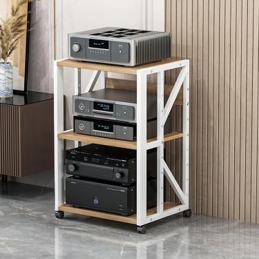 Imagem de Suporte de mídia AV móvel de 3/4/5 camadas Prateleira de canto Suporte para CD Player Gabinete de armazenamento de componentes estéreo Torre de rack de áudio com prateleiras de madeira ajust