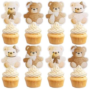 Imagem de MEMOVAN Toppers de cupcake de urso 48 peças Toppers de bolo de chá de bebê de urso We Can Bearly Wait Decoração de cupcake para tema de urso aniversário chá de bebê revelação de gênero suprimentos de
