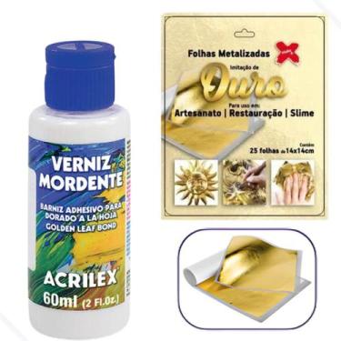 Imagem de Kit Verniz Mordente Acrilex 60ml + 25 Folhas de Ouro 14x14