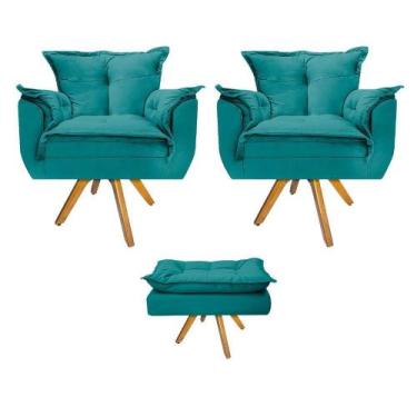 Imagem de Kit 02 Poltronas e Puff Opala Base Giratória de Madeira Suede Azul Tur
