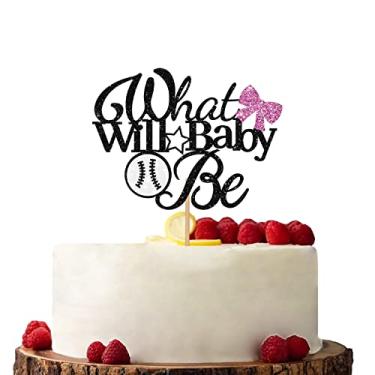 Imagem de Topo de bolo What Will Baby Be rosa e branco, topo de bolo de beisebol com laços, decorações de bolo de glitter para chá de bebê revelação de gênero/festa de 1º aniversário
