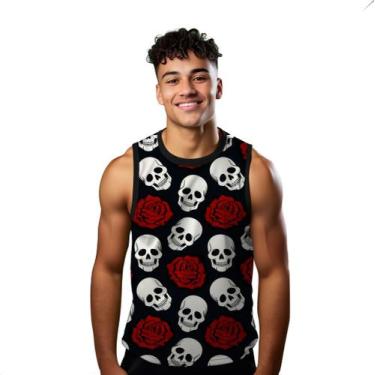 Imagem de Camiseta Algodão Regata Verão Estilo Moda Praia Caveiras Flores Rosas 