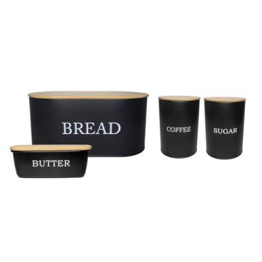 Imagem de Genérico, Porta Pao Manteigueira Pote Cafe Açucar Aço Preto Bambu 4un